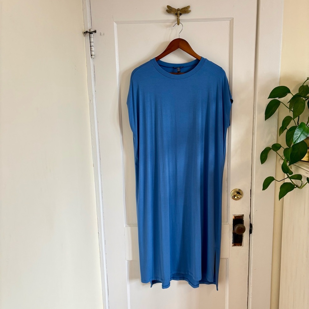 Eileen Fisher Coast Blue Crewneck Boxy Shirt Dress Size Large Lagenlook Boho